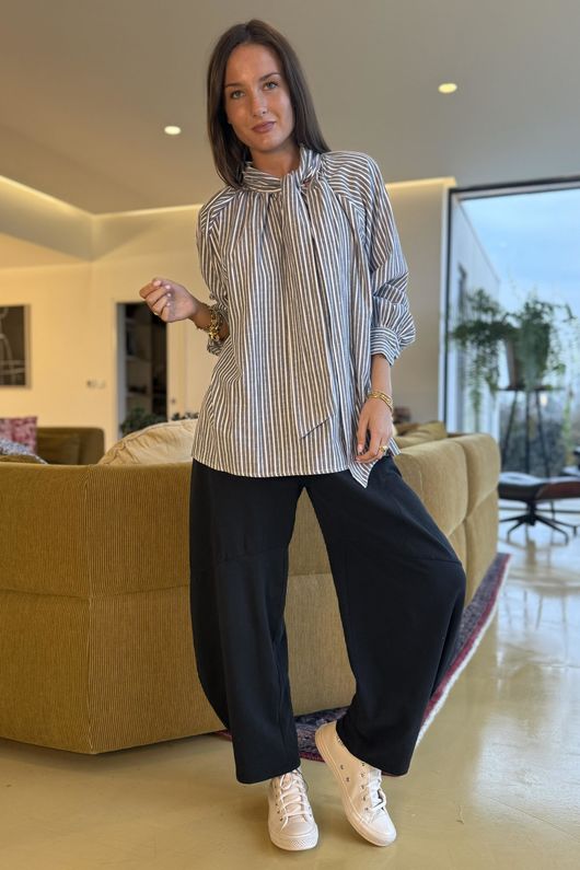 Nantucket Stripe Tie Neck Blouse Charcoal